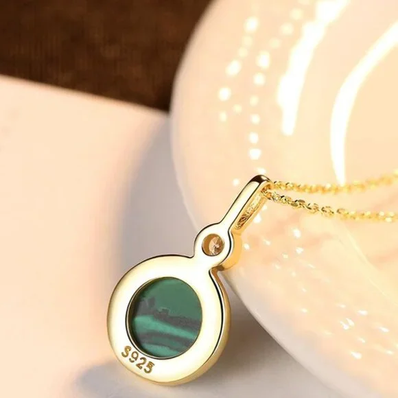 18KY Gold Plated over Sterling Silver Malachite and CZ Necklace - Picture 5 of 6